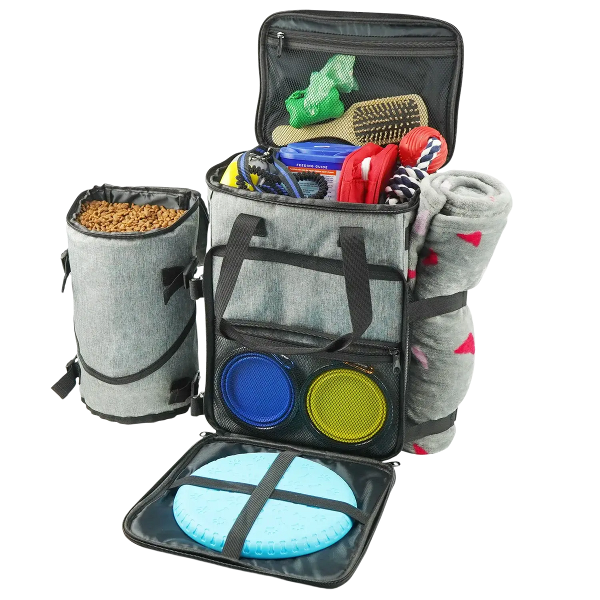 Gray and black dog travel backpack organizer airline approved with multiple compartments for pet travel essentials