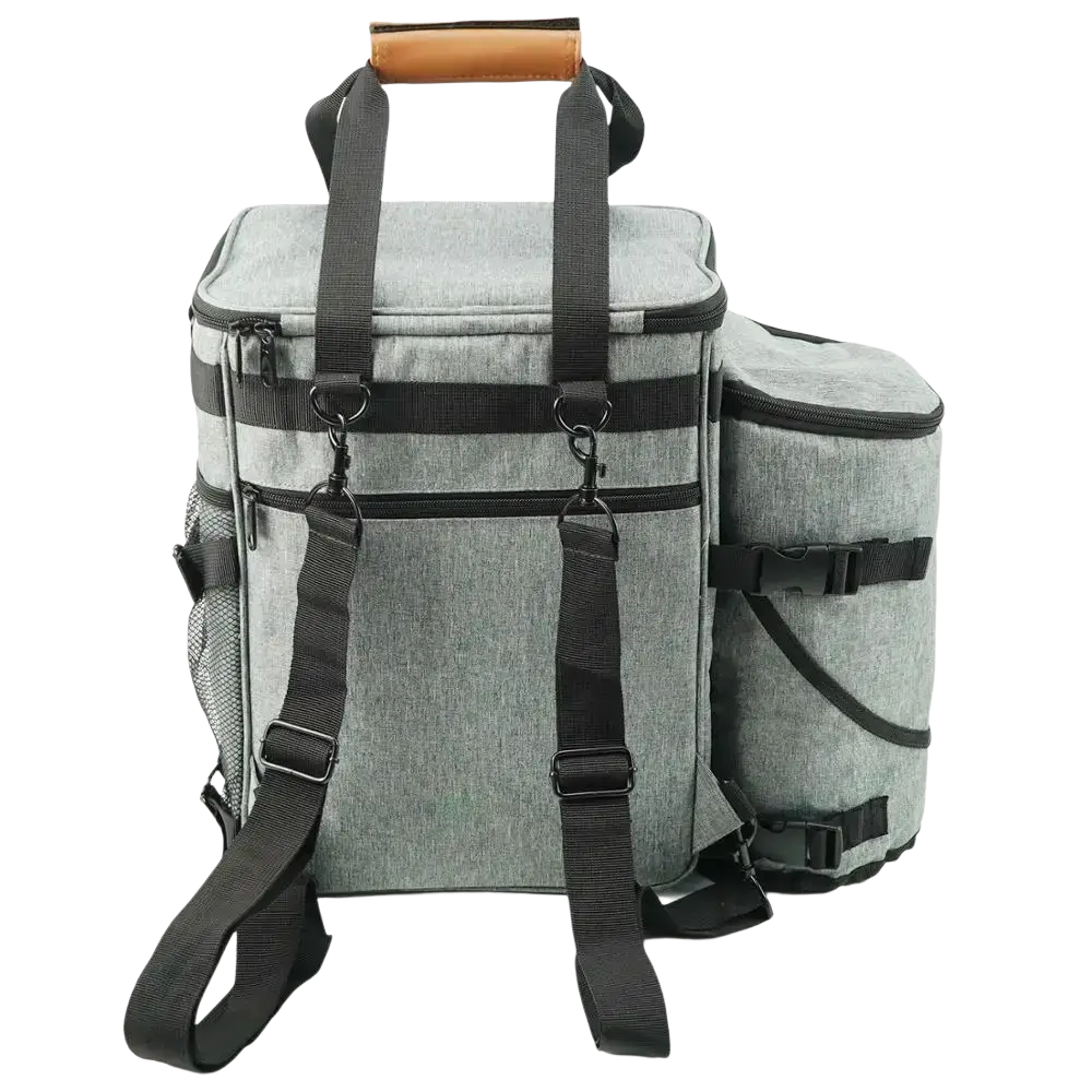 Gray heathered insulated picnic cooler with black straps and wooden handle for dog travel bag organizer airline approved