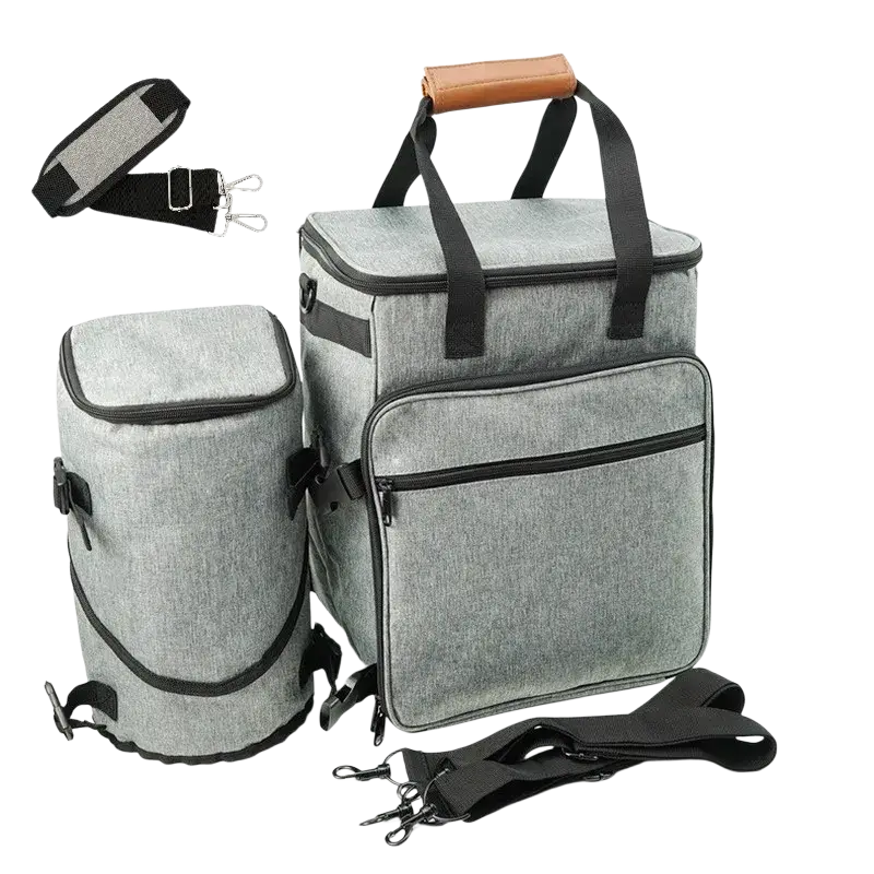 Gray textured fabric dog travel cooler bag with black trim and wooden handle for pet travel organization