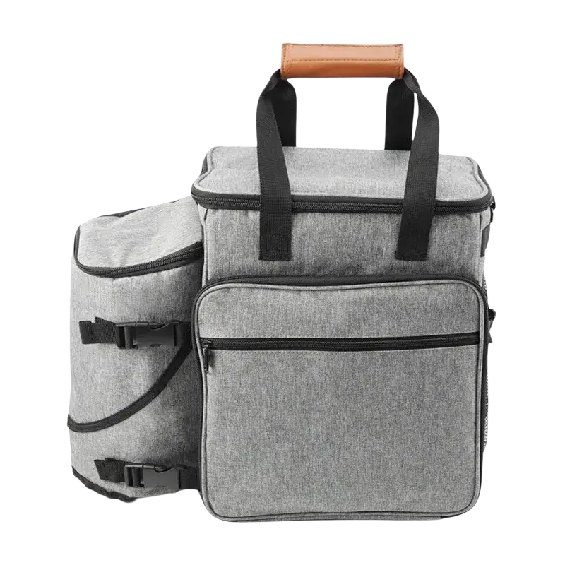 Gray textured fabric dog travel backpack organizer with black zippers and tan leather handle for pet travel