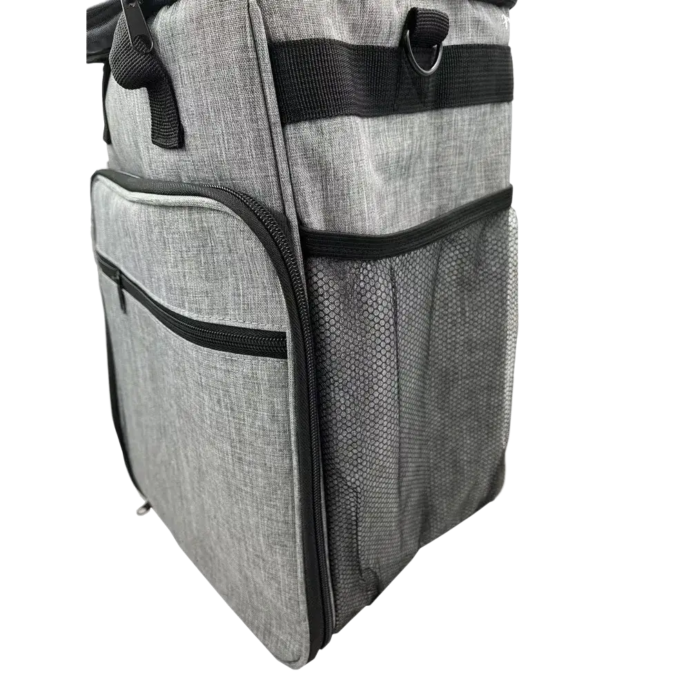 Gray textured fabric dog travel backpack organizer with black zipper accents and mesh side pocket for pet travel