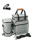 Gray textured fabric cooler travel bag with black trim and wooden handle for dog travel and pet travel organization