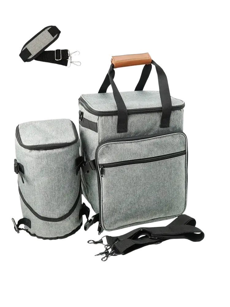 Gray textured fabric cooler travel bag with black trim and wooden handle for dog travel and pet travel organization