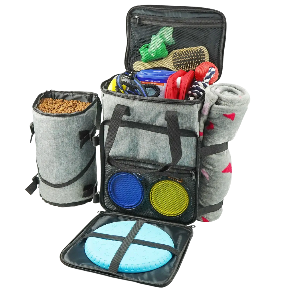 Gray and black airline approved dog travel bag organizer backpack with multiple compartments for food carriers and toys