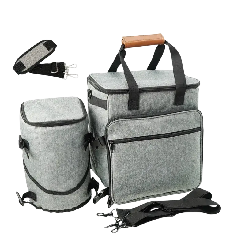 Gray insulated dog travel bag organizer backpack with black zippers straps rectangular design for food carriers