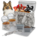 Gray camouflage pet travel bag with zipper closure and multiple compartments filled with plush toys and sturdy handle