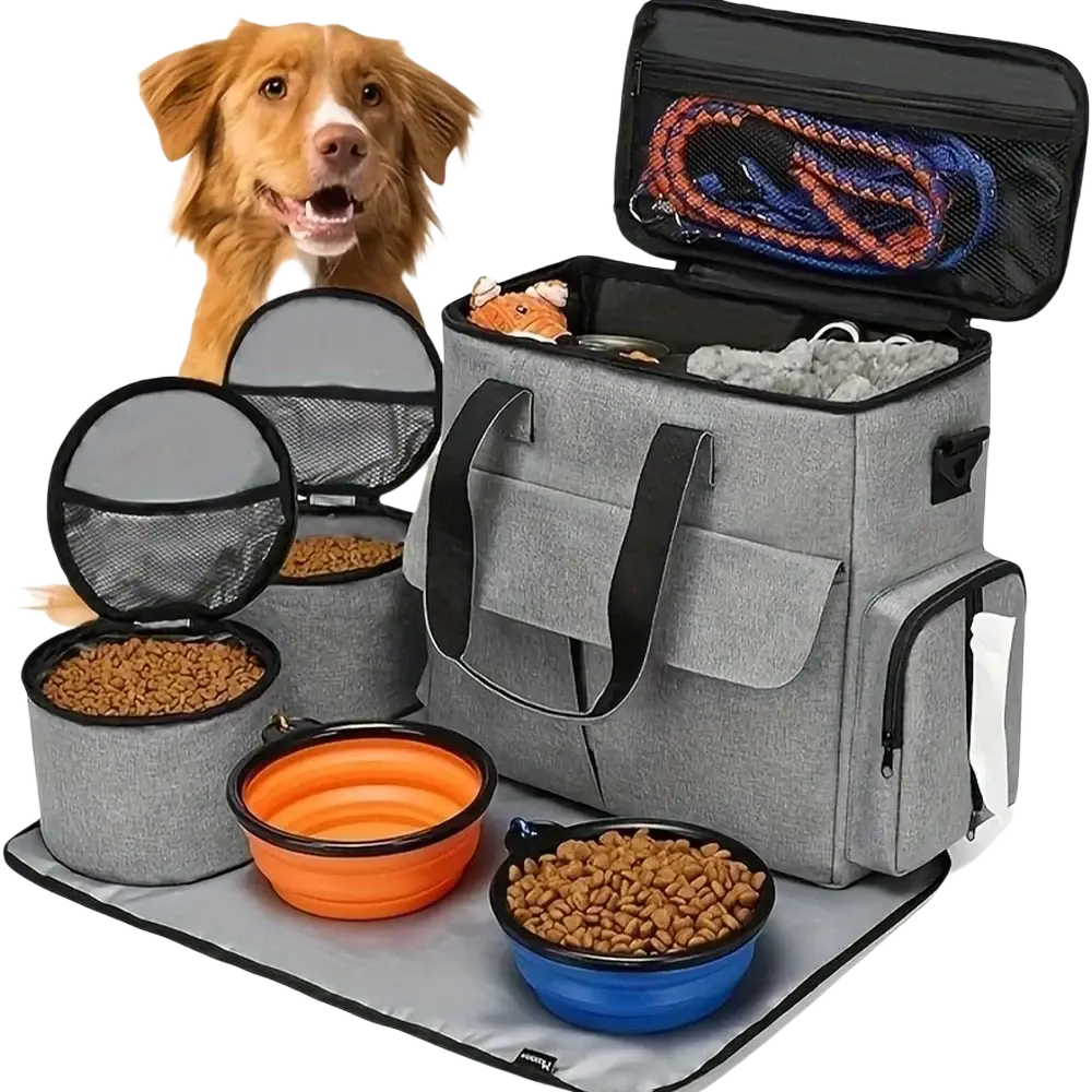 Gray fabric dog travel bag with zipper closure black handles containing coiled leash and dog supplies