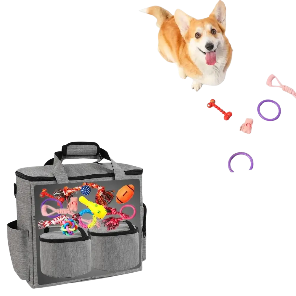 Gray fabric dog travel bag with zipper closure and multiple compartments holding colorful pet toys