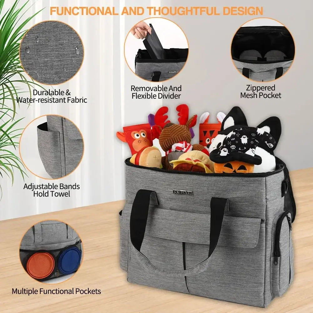 Gray textured fabric dog travel bag with zipper closure black handles and multiple functional pockets