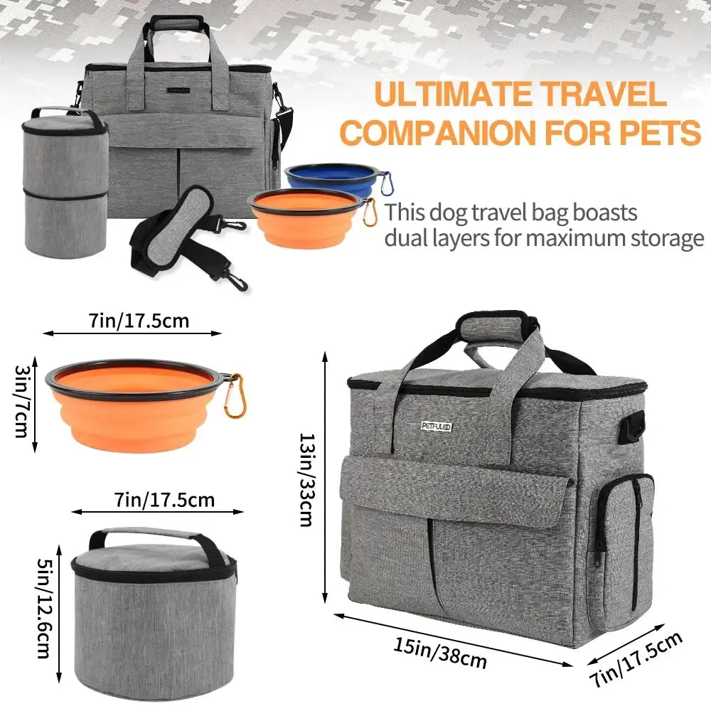 Gray textured fabric dog travel bag with black trim and zipper closure featuring multiple compartments for organization