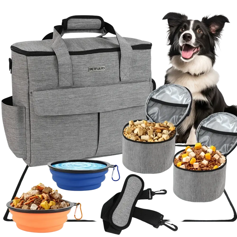 Gray textured dog travel bag with zipper closure, black trim, front pocket, and Petruled logo on the side