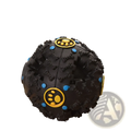 Black rubber dog treat dispenser squeaky training ball with textured surface and blue yellow paw print accents