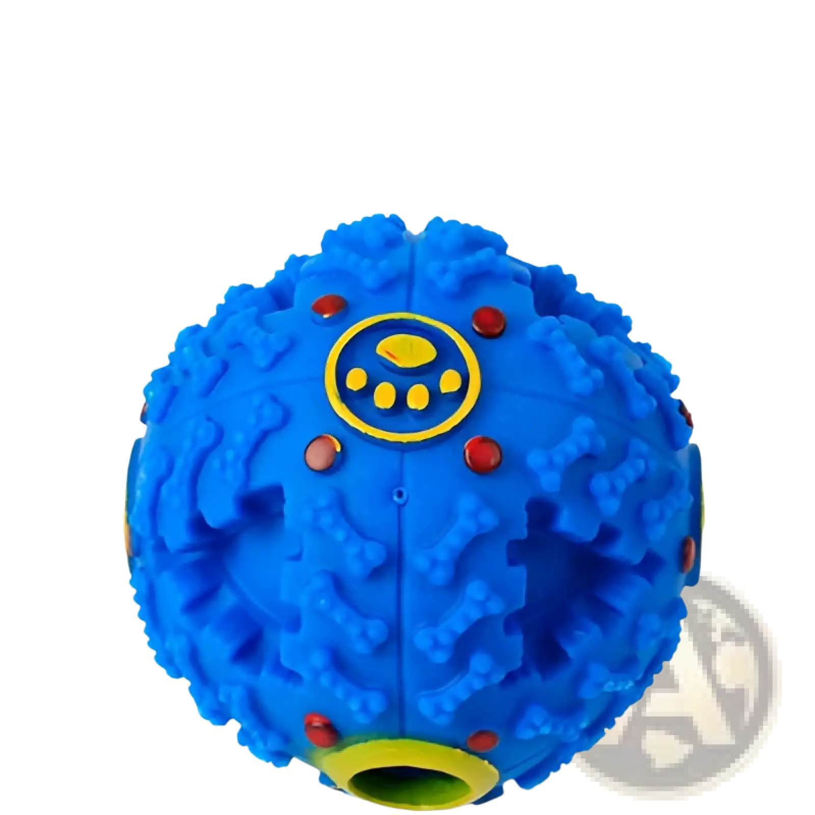 Blue textured rubber dog treat dispenser squeaky training ball with yellow and red accents for pet play and rewards