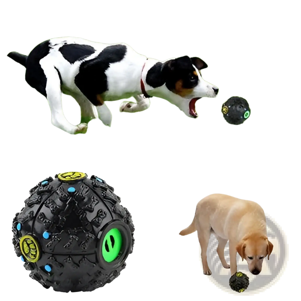 Black textured rubber dog treat dispenser squeaky training ball with green and yellow accents for interactive play