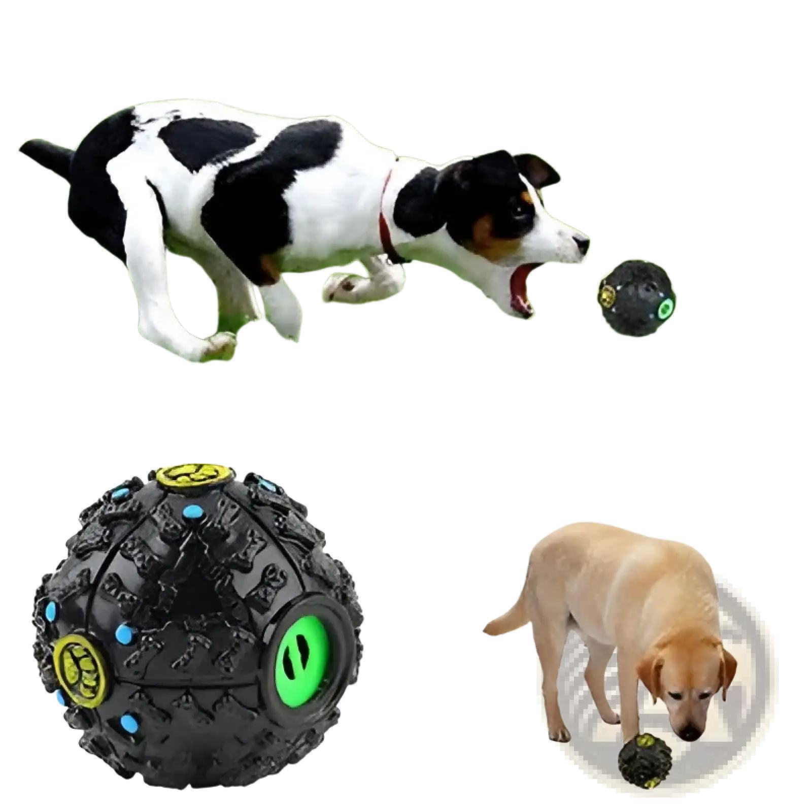 Black textured rubber dog treat dispenser squeaky training ball with green and yellow accents for interactive play