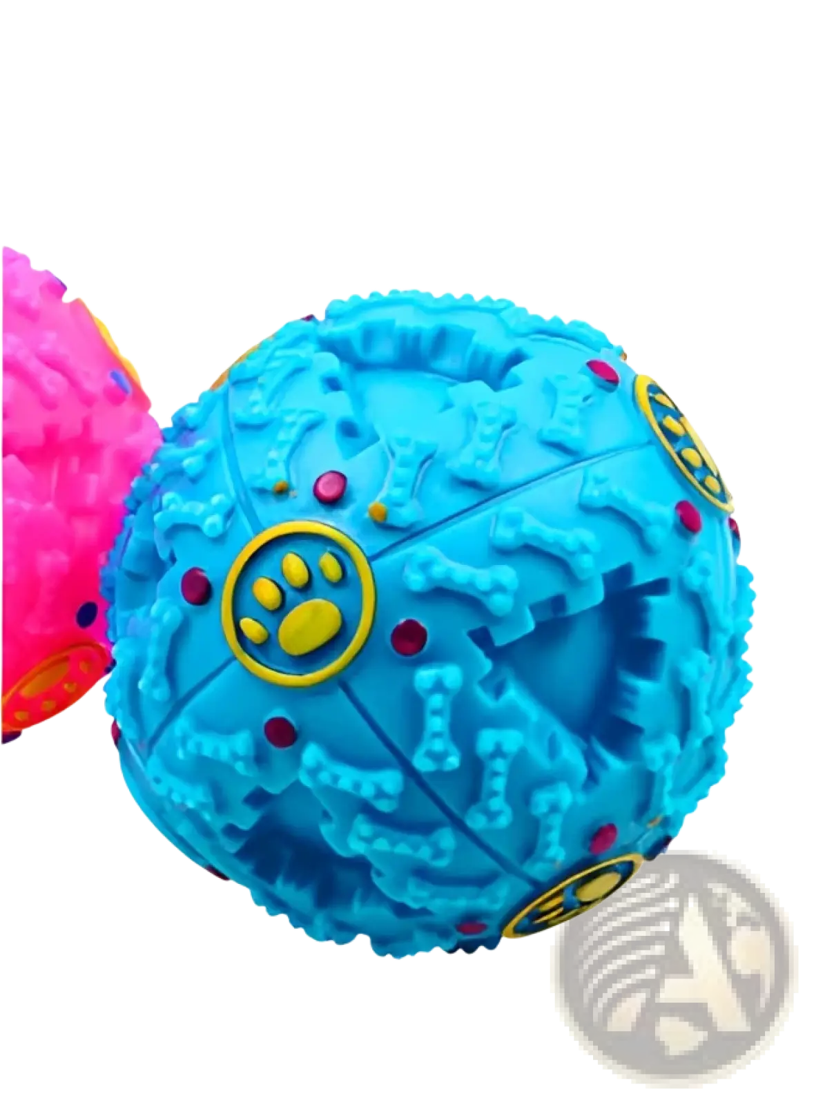 Blue textured rubber dog treat dispenser squeaky training ball with yellow paw print and red gem accents