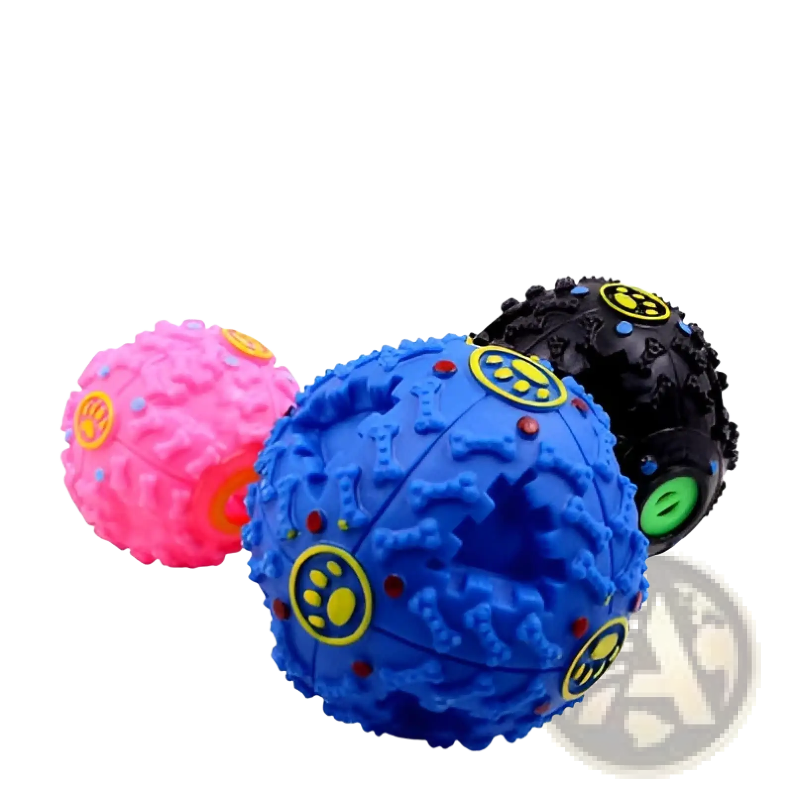 Dog treat dispenser squeaky rubber training balls in pink blue and black with yellow paw print decals textured surface