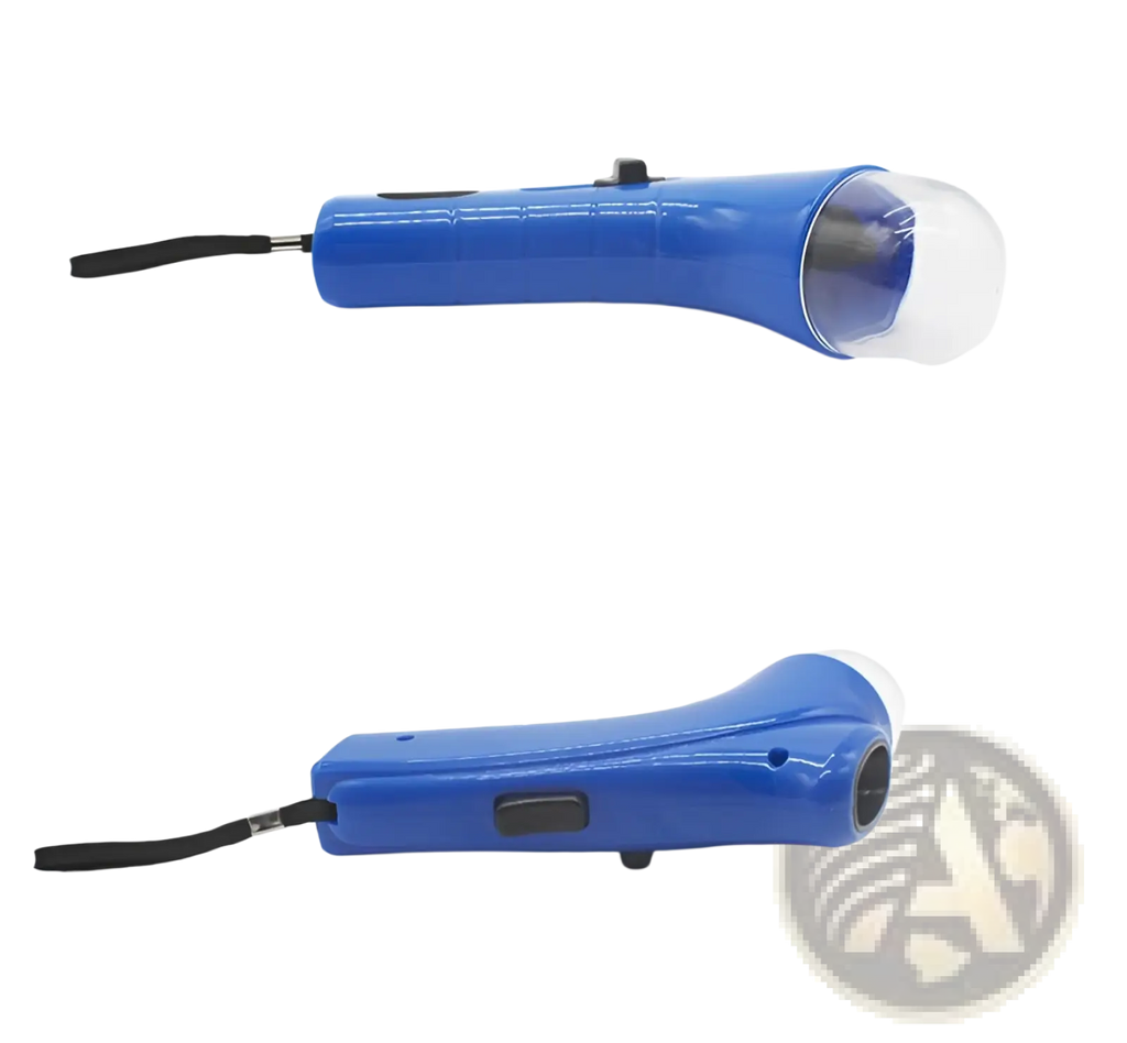 Blue plastic dog treat launcher handheld pet snack feeder toy with black wrist strap and clear lens cover