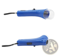 Blue plastic dog treat launcher handheld pet snack feeder toy with black wrist strap and clear lens cover