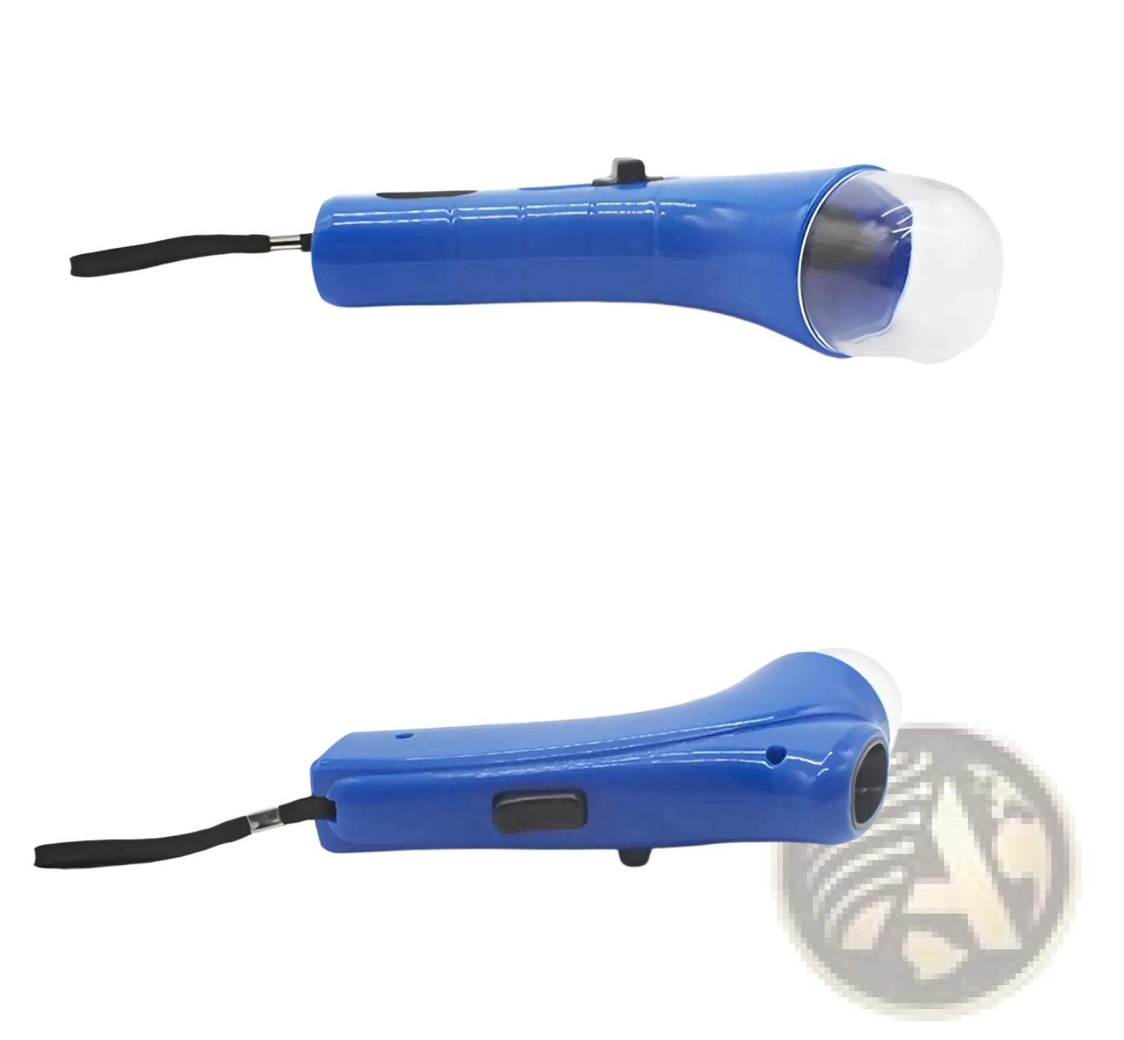 Blue plastic dog treat launcher handheld pet snack feeder toy with black wrist strap and clear lens cover