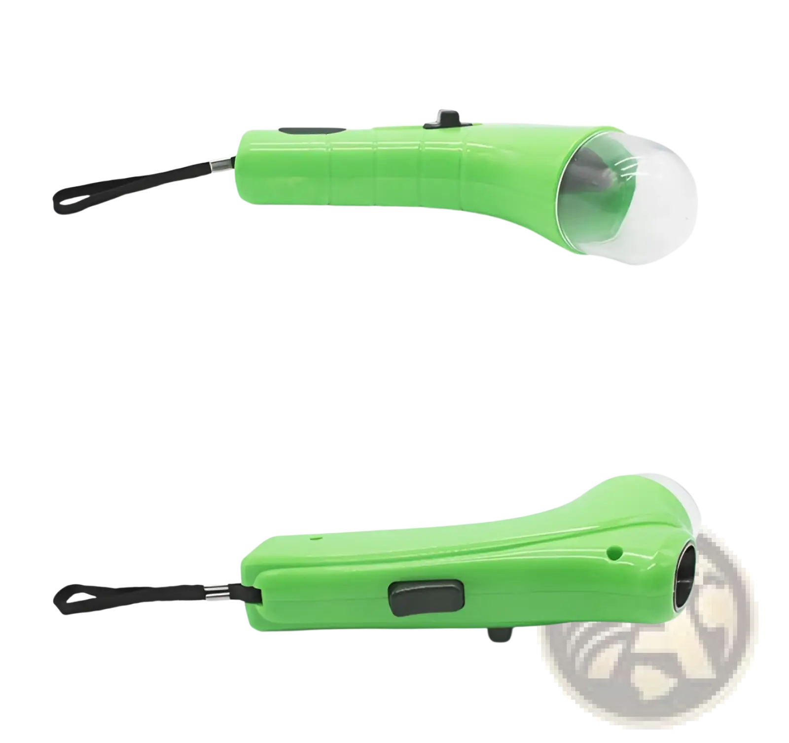 Bright green plastic dog training clicker with black wrist strap and clear lens cover for pet snack feeder toy