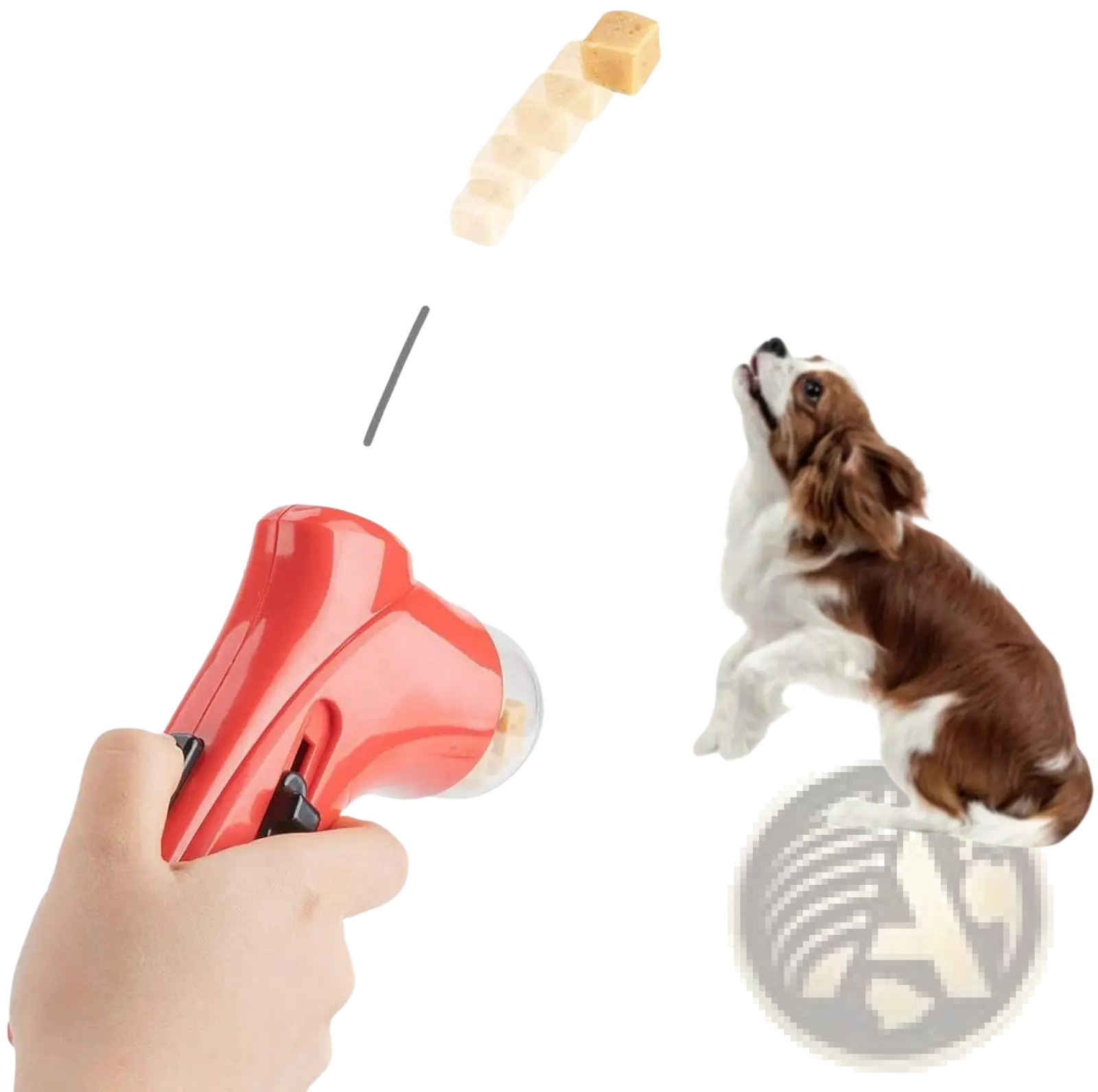 Red plastic dog treat launcher handheld pet snack feeder toy designed for easy and fun treat dispensing