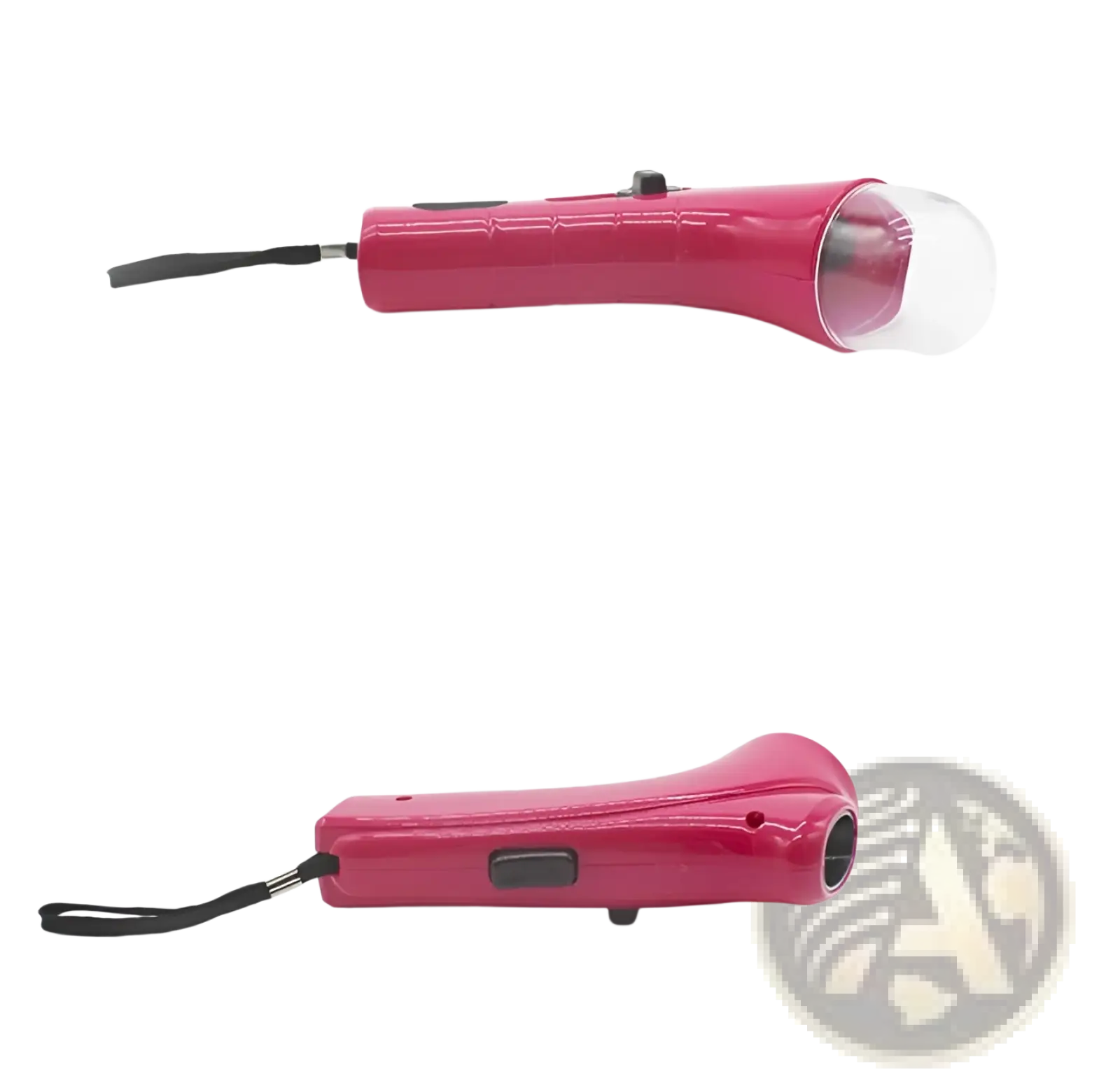 Pink handheld dog treat launcher with black wrist strap and textured grip for pet snack feeding toy