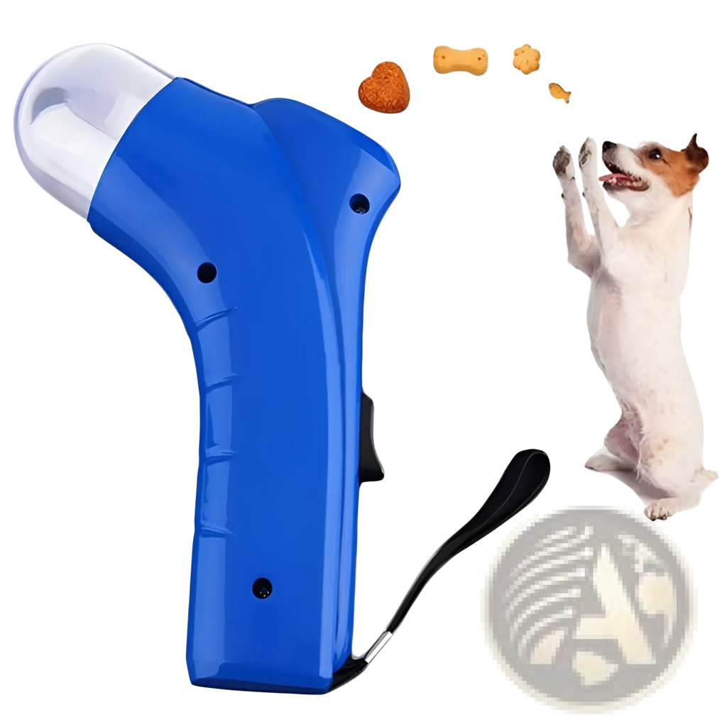 Blue plastic dog treat launcher handheld pet snack feeder toy with clear dome and black strap for easy use