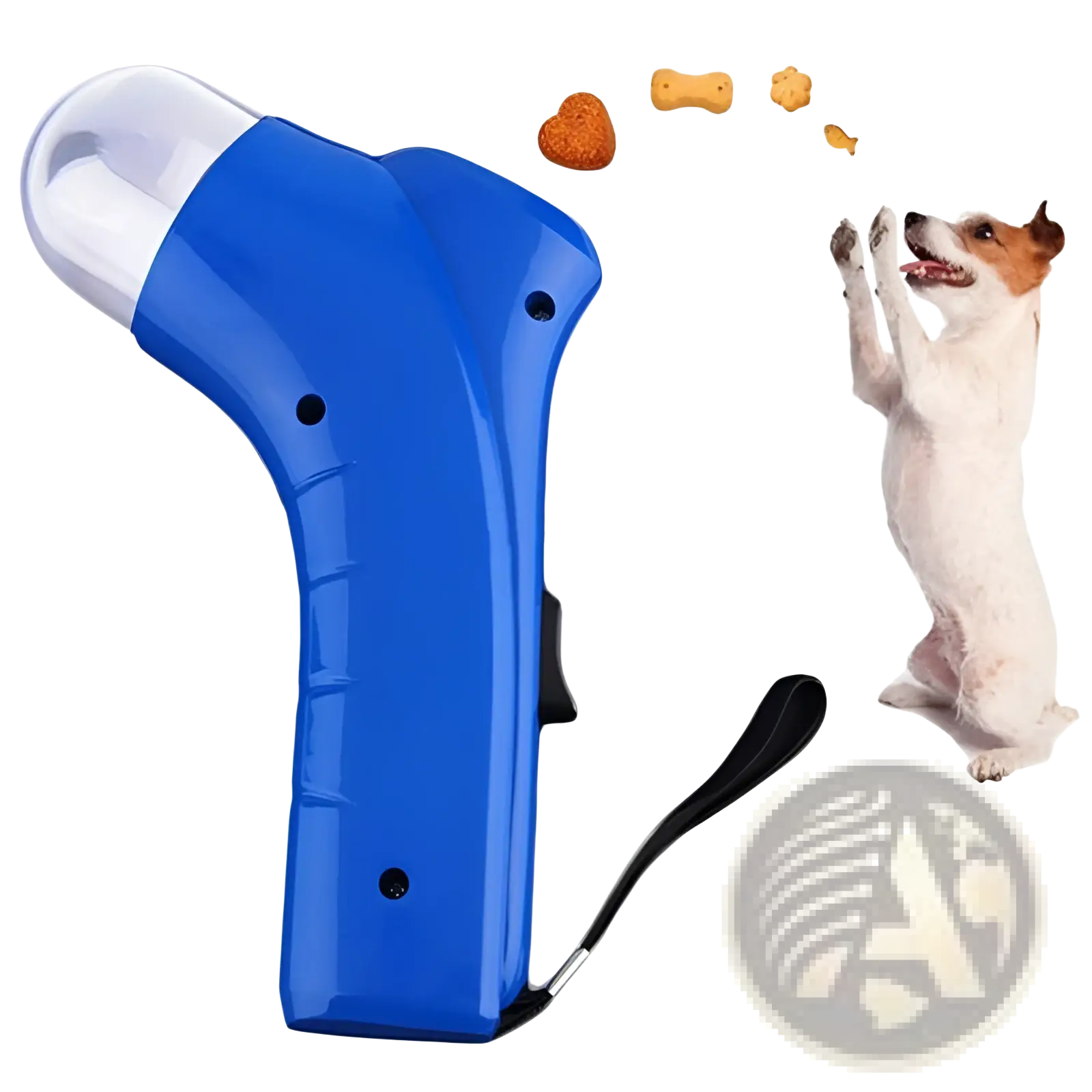 Blue plastic dog treat launcher handheld pet snack feeder toy with clear dome and black strap for easy use