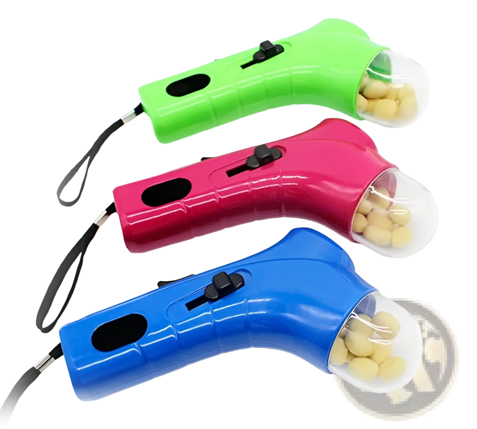 Three brightly colored plastic dog treat launcher handheld pet snack feeder toys with transparent compartments filled with yellow treats