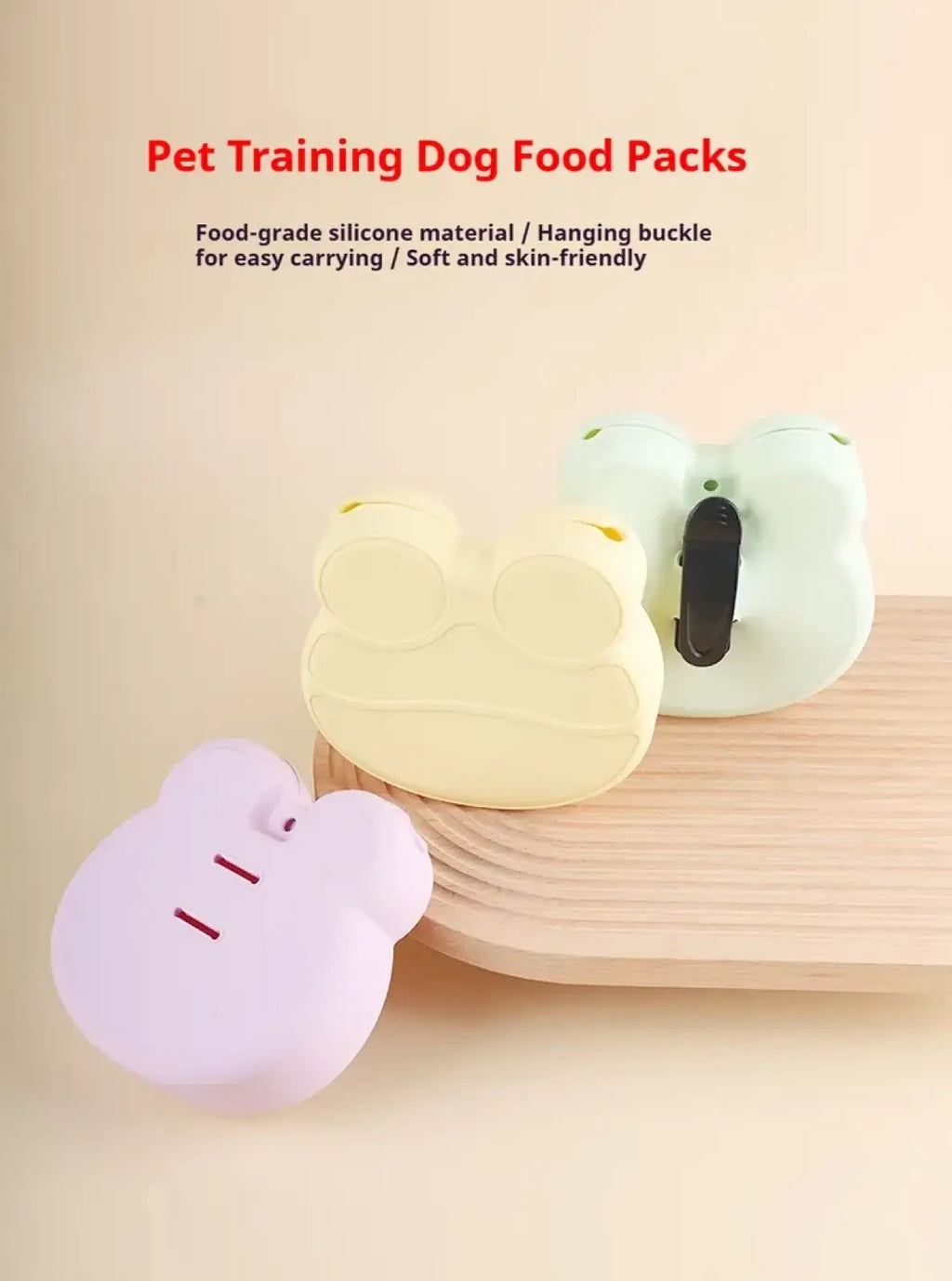 Pastel-colored silicone dog treat pouch training bags shaped like animal faces with hanging buckles and clips