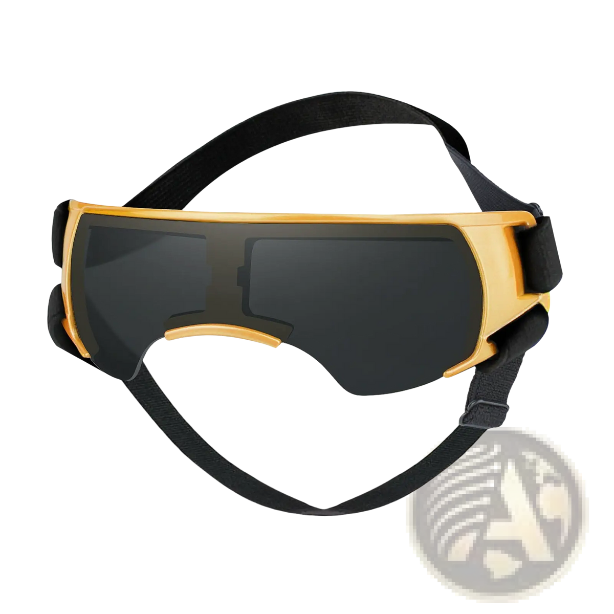 Dog uv protection goggles with gold frame, dark tinted lenses, and black adjustable straps for eye safety