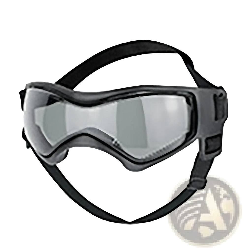Black-framed dog uv protection goggles with clear slightly tinted lenses and adjustable straps for secure fit