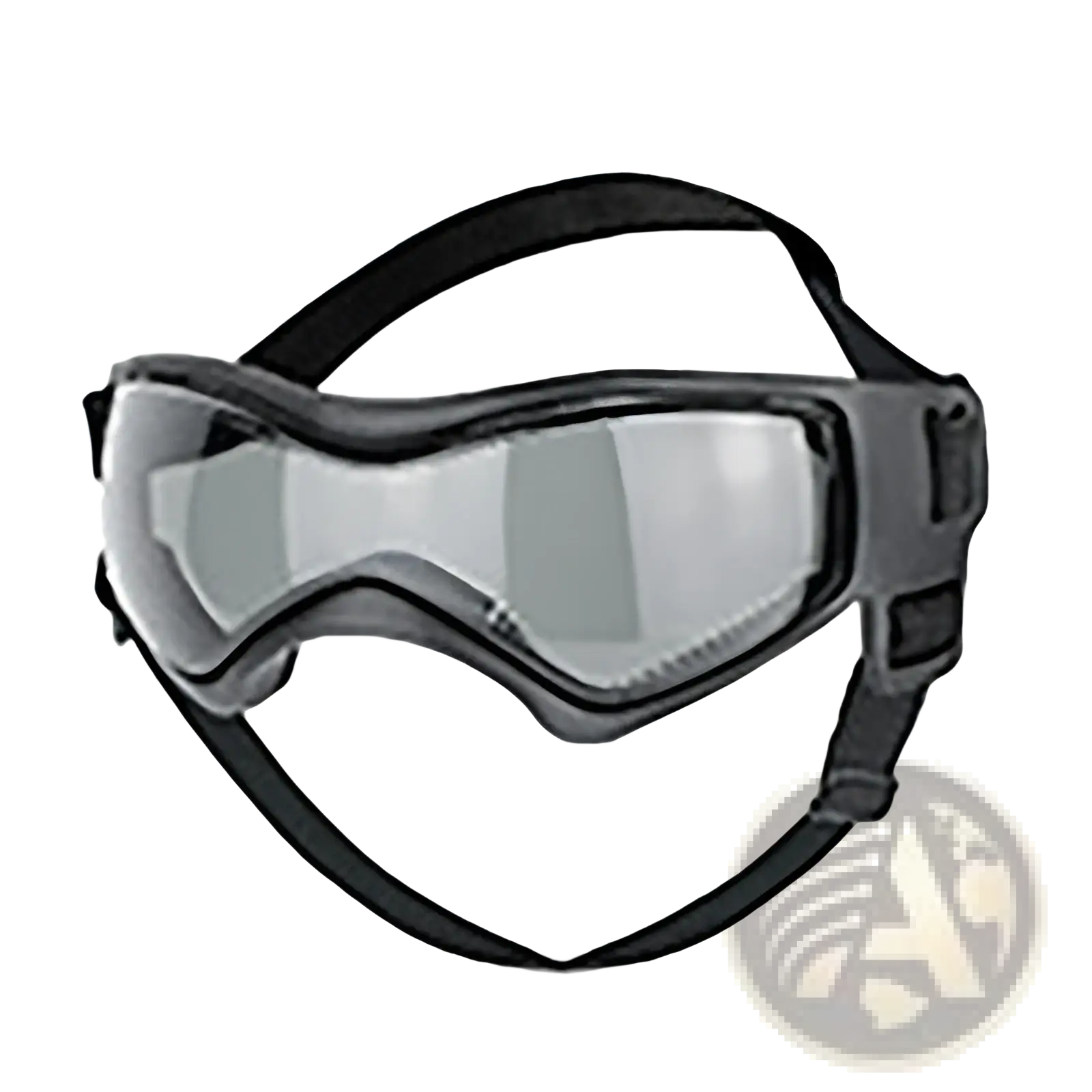 Black-framed dog uv protection goggles with clear slightly tinted lenses and adjustable straps for secure fit