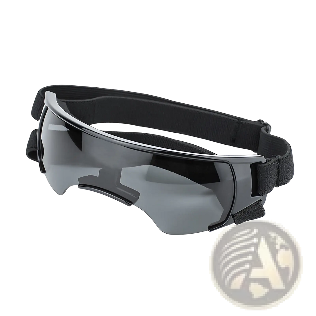 Black dog uv protection goggles with sleek curved frame and dark gray tinted lenses for eye safety outdoors