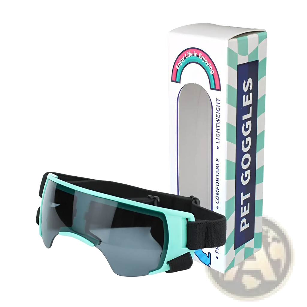 Teal-framed dog UV protection goggles with dark gray lenses and black adjustable straps for pet eye safety