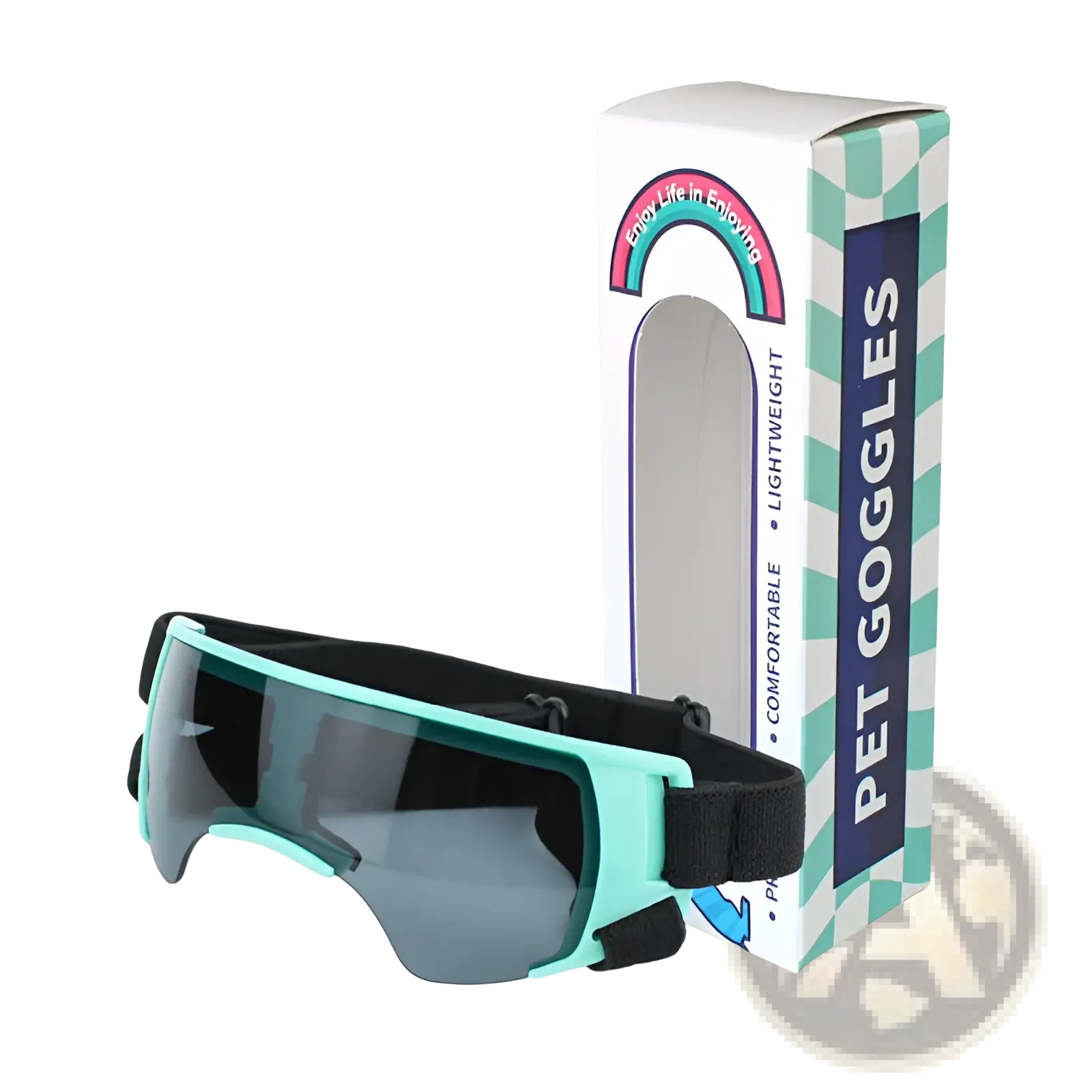 Teal-framed dog UV protection goggles with dark gray lenses and black adjustable straps for pet eye safety