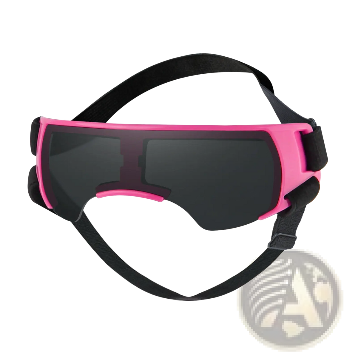 Dog uv protection goggles with pink frames dark tinted lenses and black adjustable straps for pet eye safety