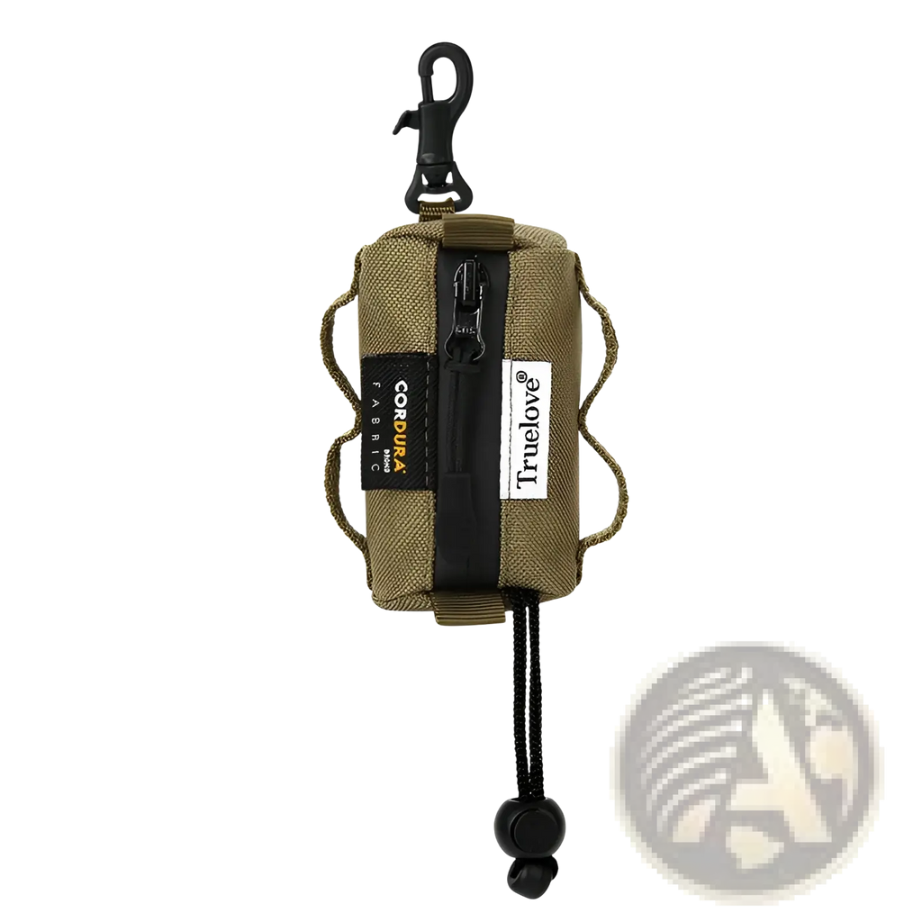 Olive green cordura fabric dog waste bag holder with black zipper hook and drawstring closure durable pet poop pouch