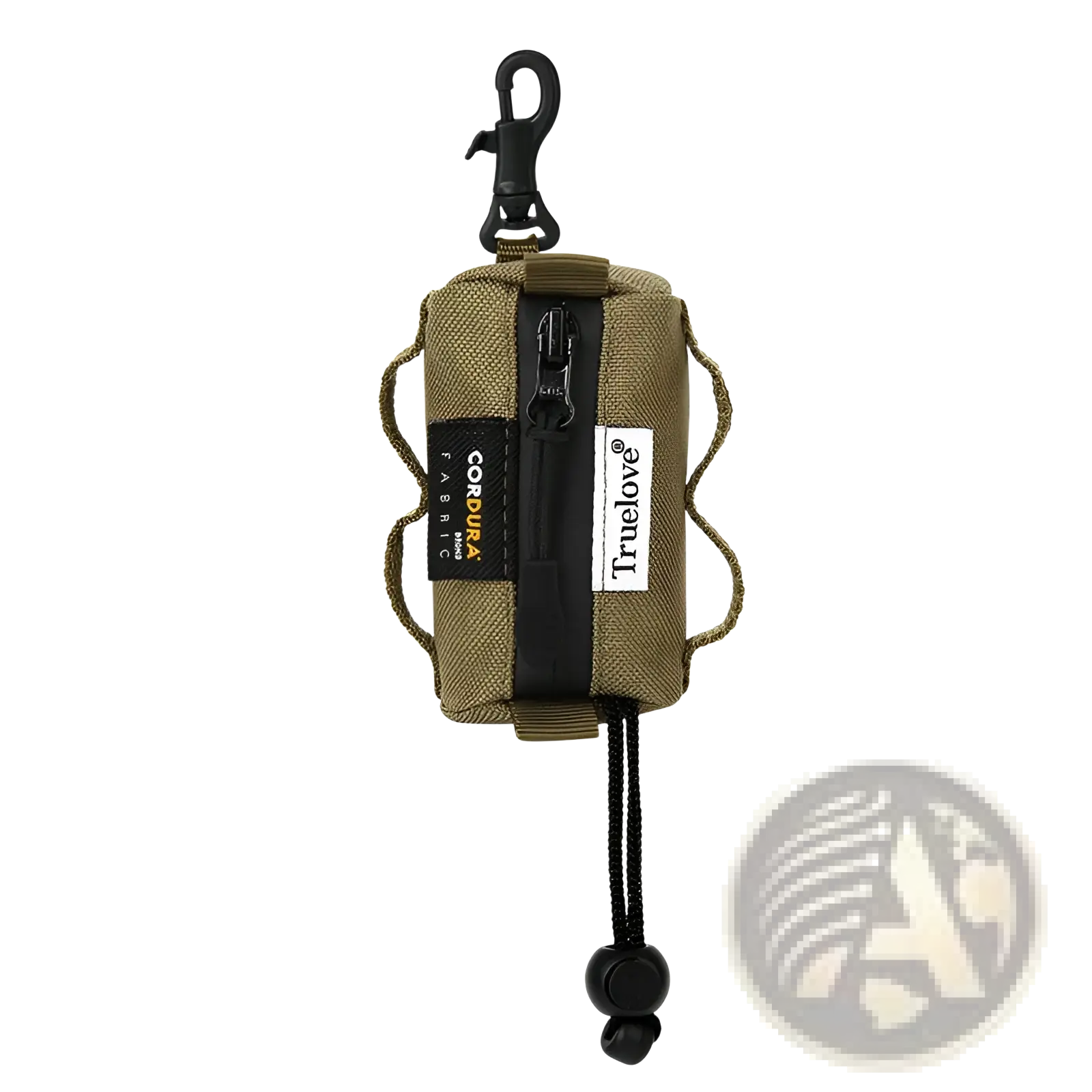 Olive green cordura fabric dog waste bag holder with black zipper hook and drawstring closure durable pet poop pouch