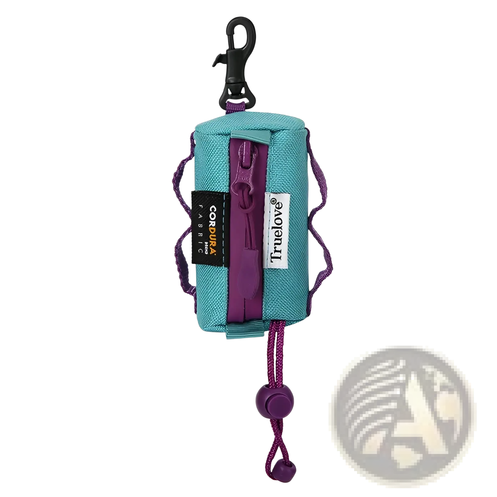 Teal and purple corduroy dog waste bag holder with zipper closure branded truelove for durable pet poop pouch use