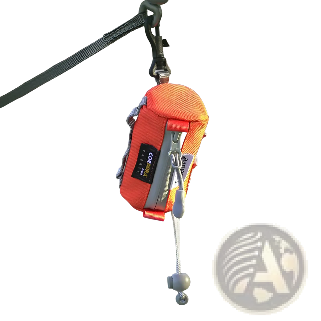 Bright orange durable pet poop pouch with silver zipper gray toggle and Columbia brand label for dog waste bags