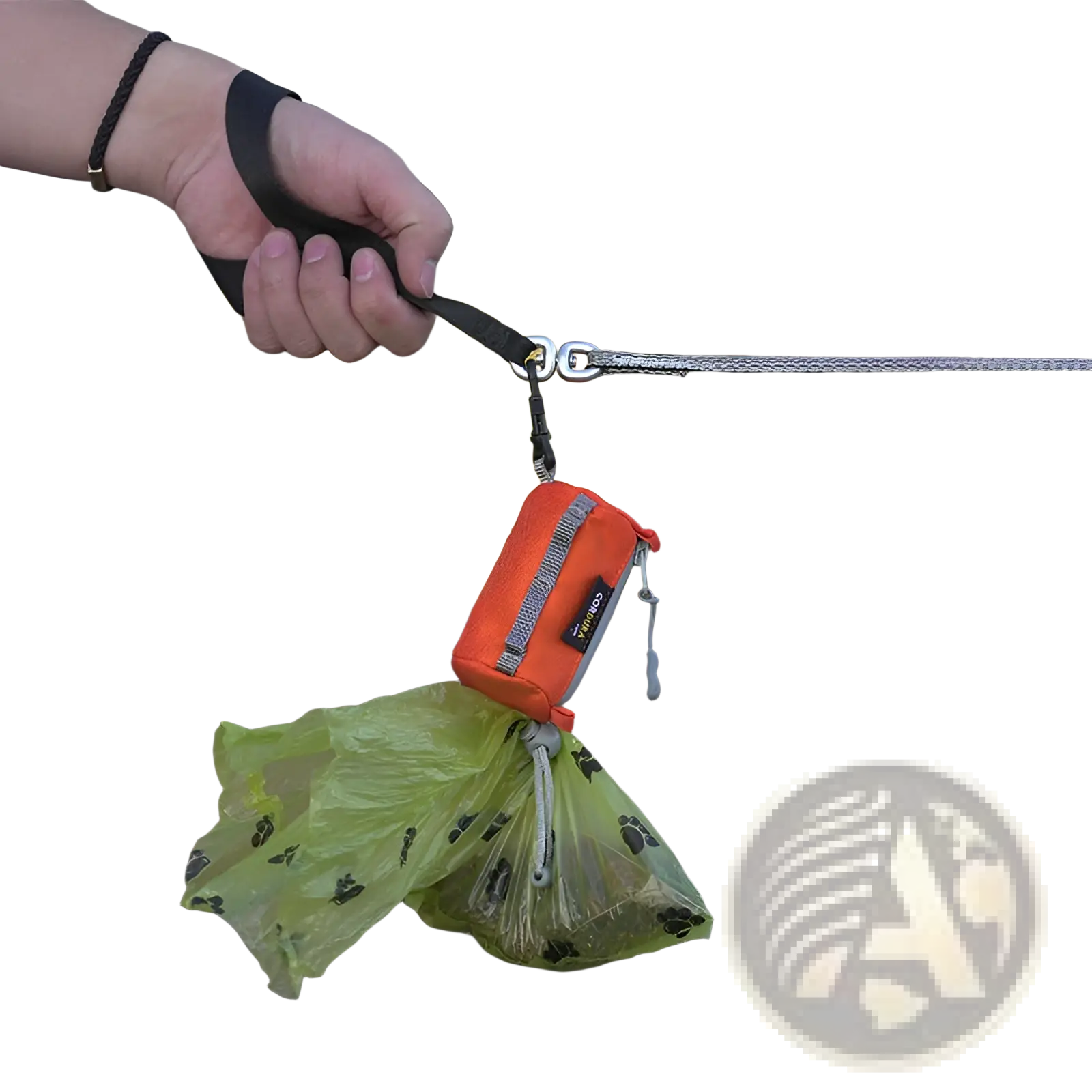 Orange durable dog waste bag holder with gray zipper and black strap attachment for compact pet poop pouch