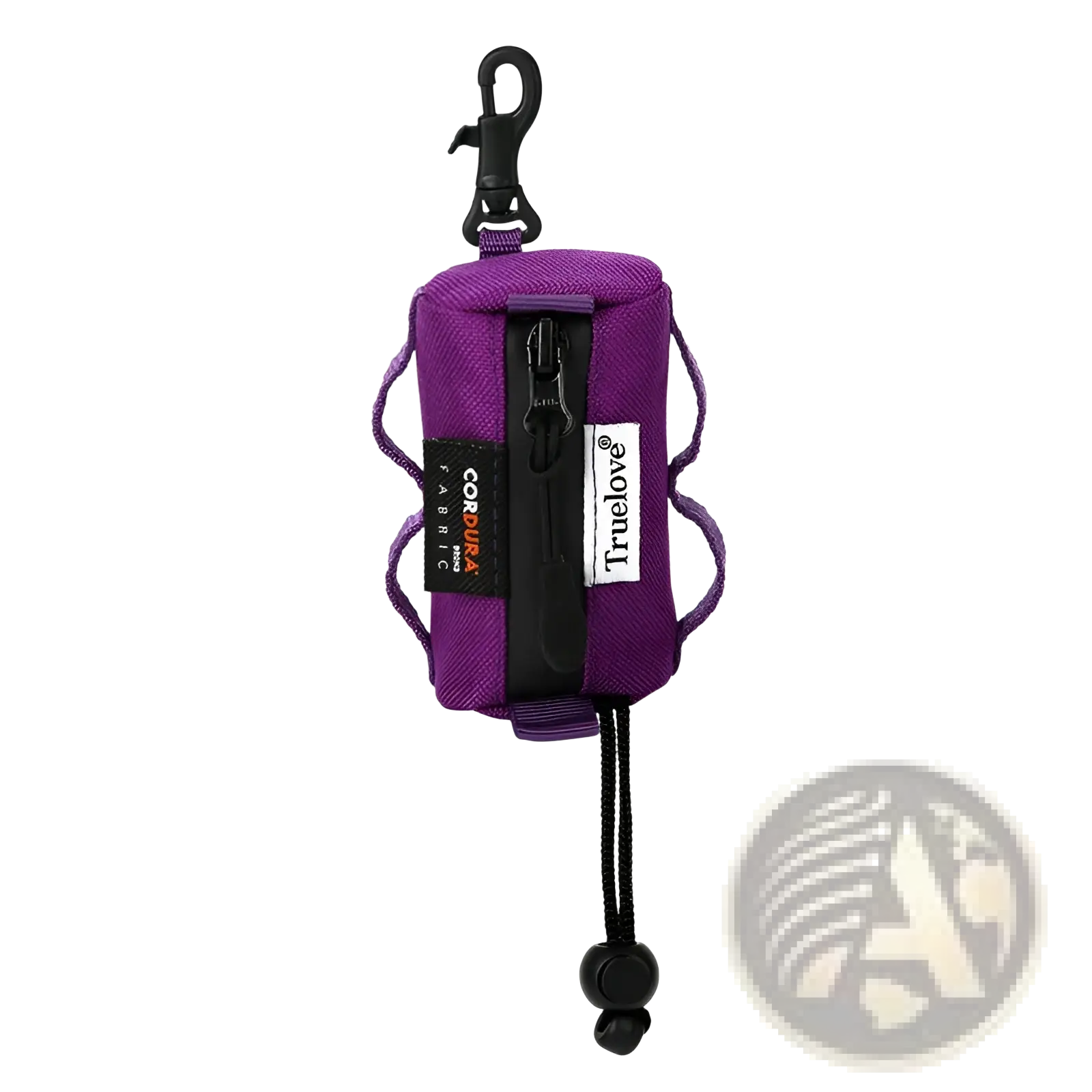 Purple truelove cordura fabric dog waste bag holder with black zipper, carabiner clip, and drawstring closure