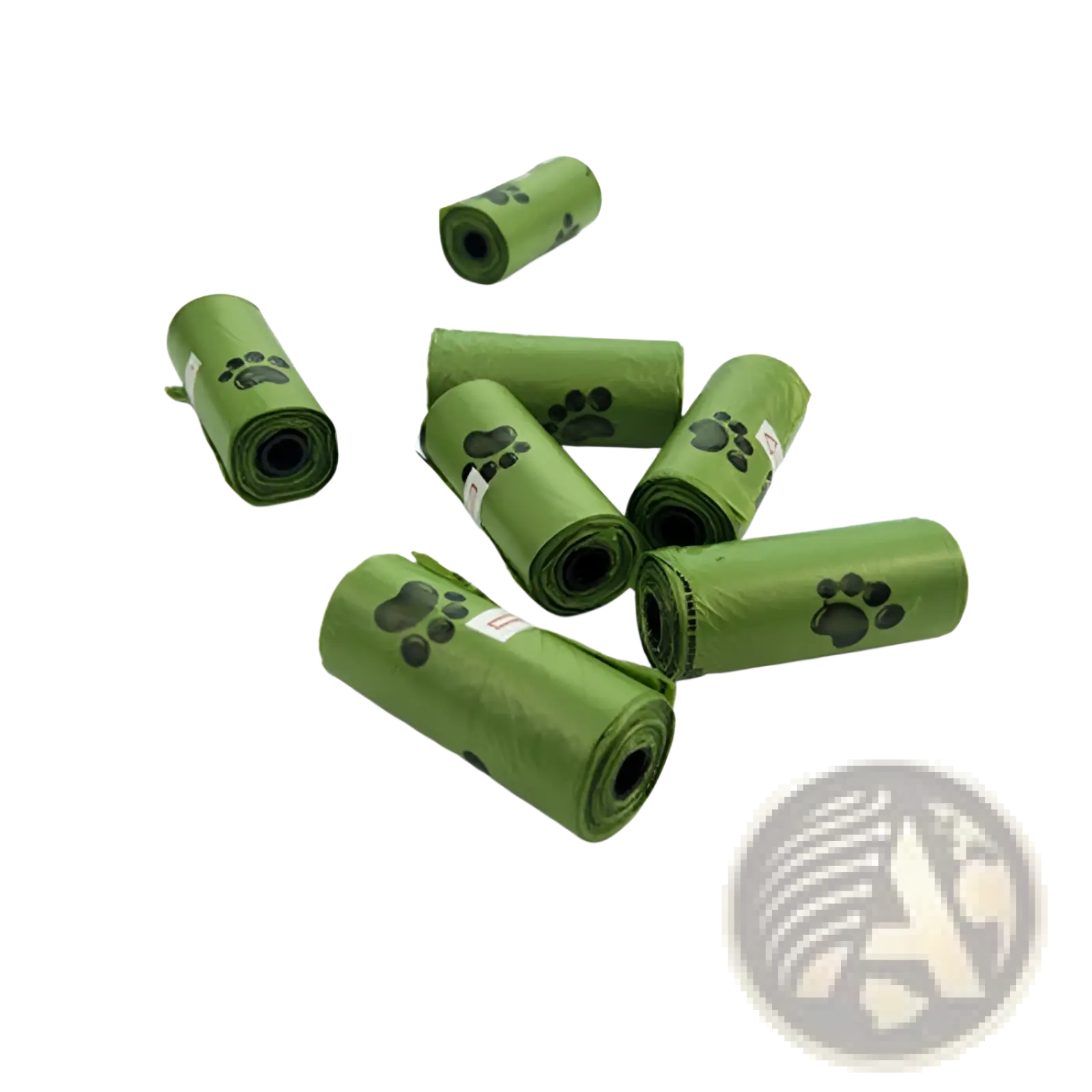 Green rollable pet waste bags with black paw prints included in dog water bottle 3 in 1 portable feeder with poop bag