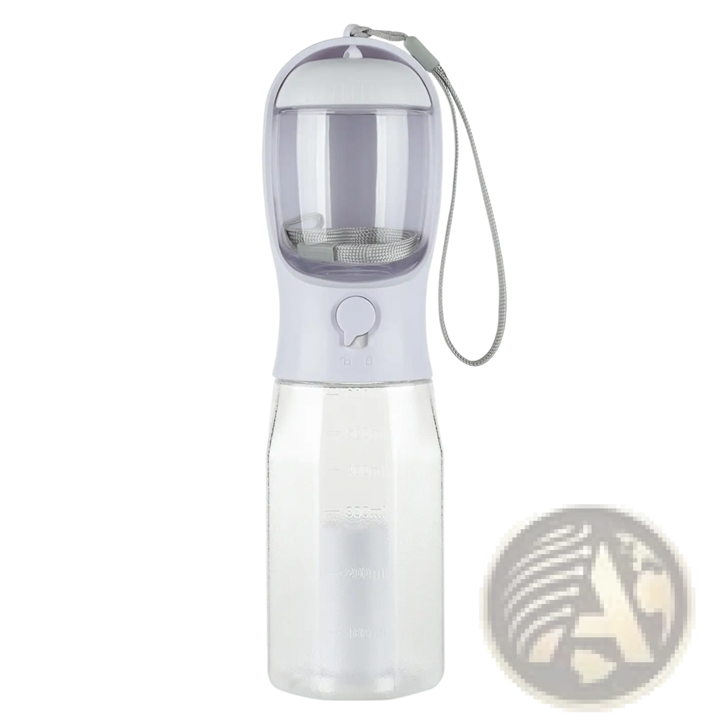 Transparent plastic dog water bottle with gray lid mesh filter and carrying strap 3 in 1 portable feeder with poop bag