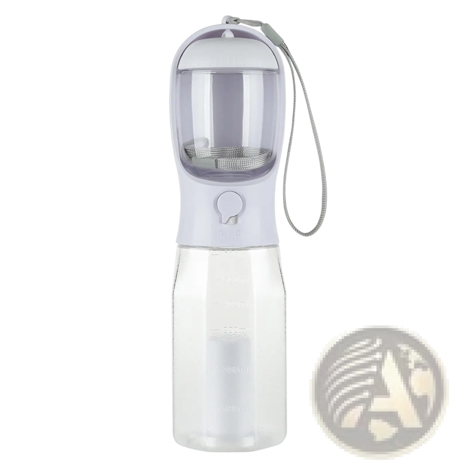 Transparent plastic dog water bottle with gray lid mesh filter and carrying strap 3 in 1 portable feeder with poop bag