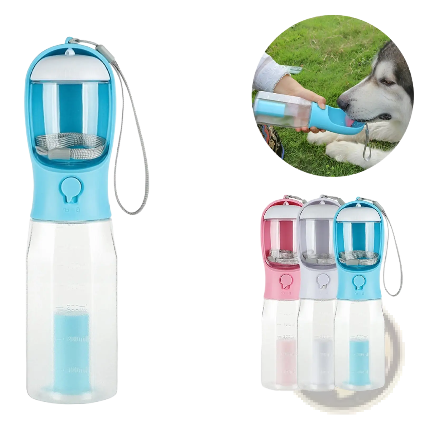 Blue and transparent dog water bottle 3 in 1 portable feeder with detachable water cup food cup and poop bag compartment