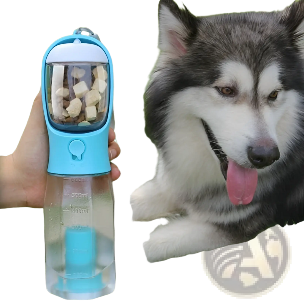 Blue and transparent dog water bottle 3 in 1 portable feeder with treat compartment and poop bag holder