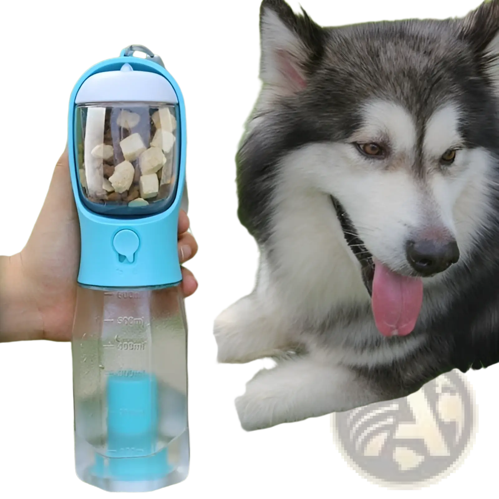 Blue and transparent dog water bottle 3 in 1 portable feeder with treat compartment and poop bag holder